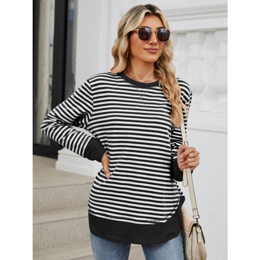 Striped Round Neck Long Sleeve Sweatshirt Apparel and Accessories