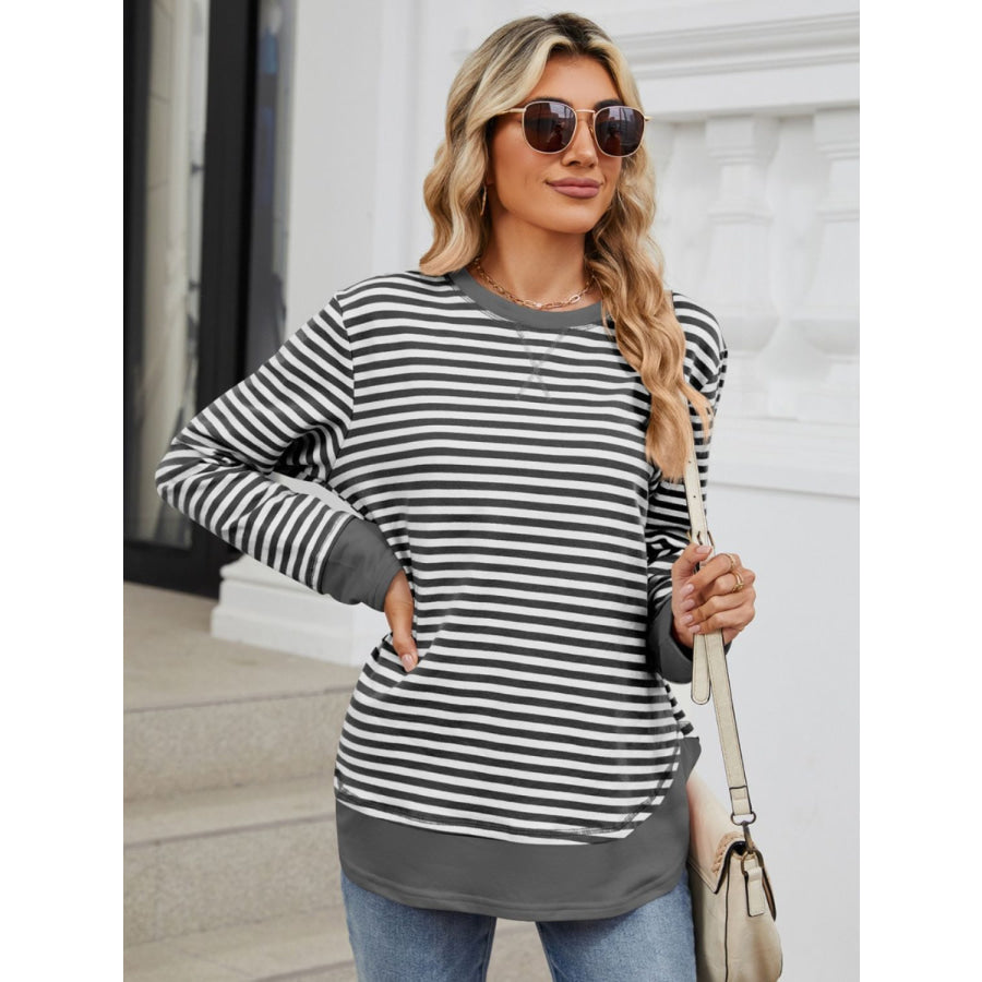 Striped Round Neck Long Sleeve Sweatshirt Apparel and Accessories