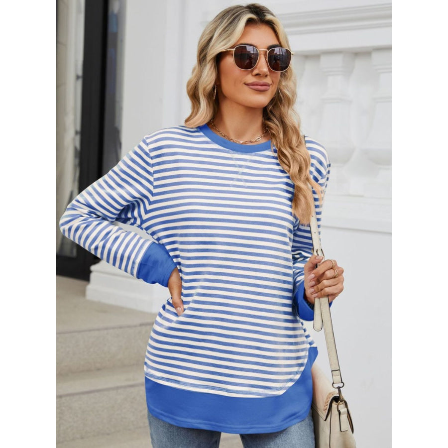 Striped Round Neck Long Sleeve Sweatshirt Apparel and Accessories