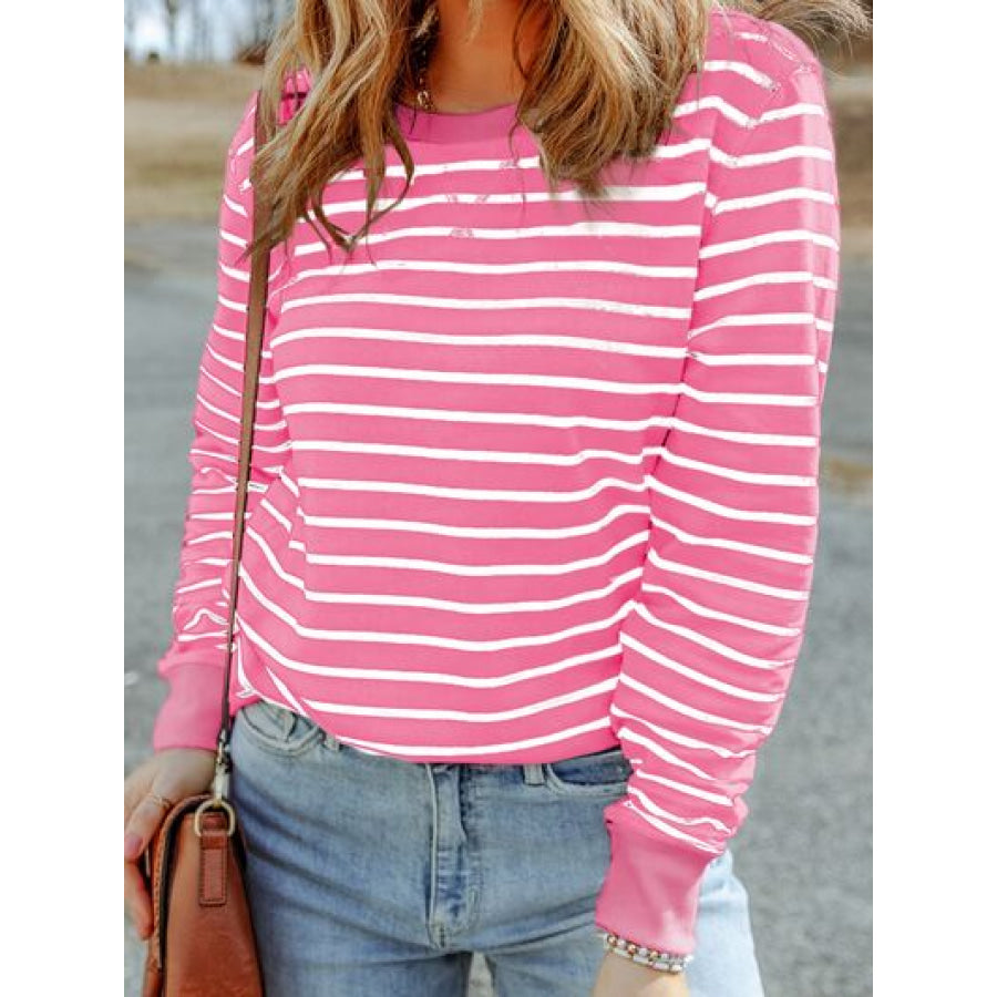 Striped Round Neck Long Sleeve Sweatshirt Apparel and Accessories