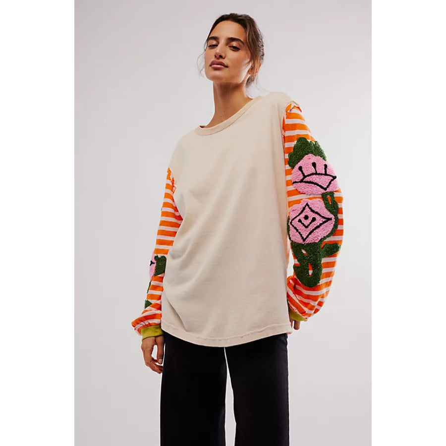 Striped Round Neck Long Sleeve Sweatshirt Beige / S Apparel and Accessories