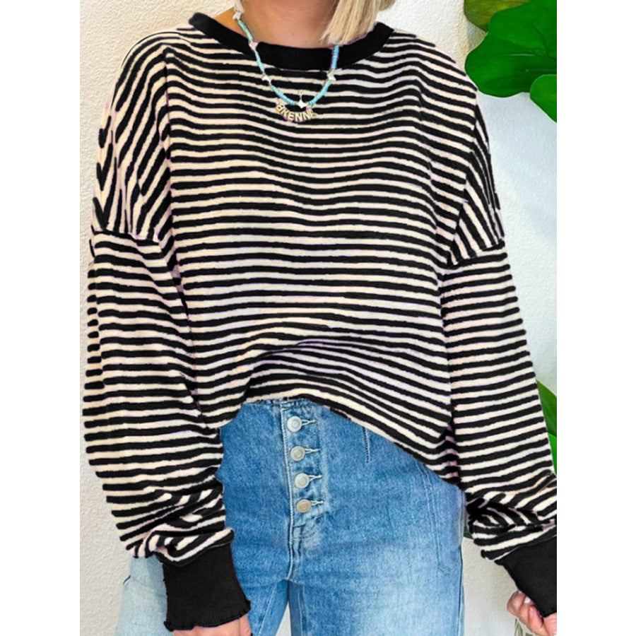 Striped Round Neck Long Sleeve Sweatshirt Black / M Apparel and Accessories