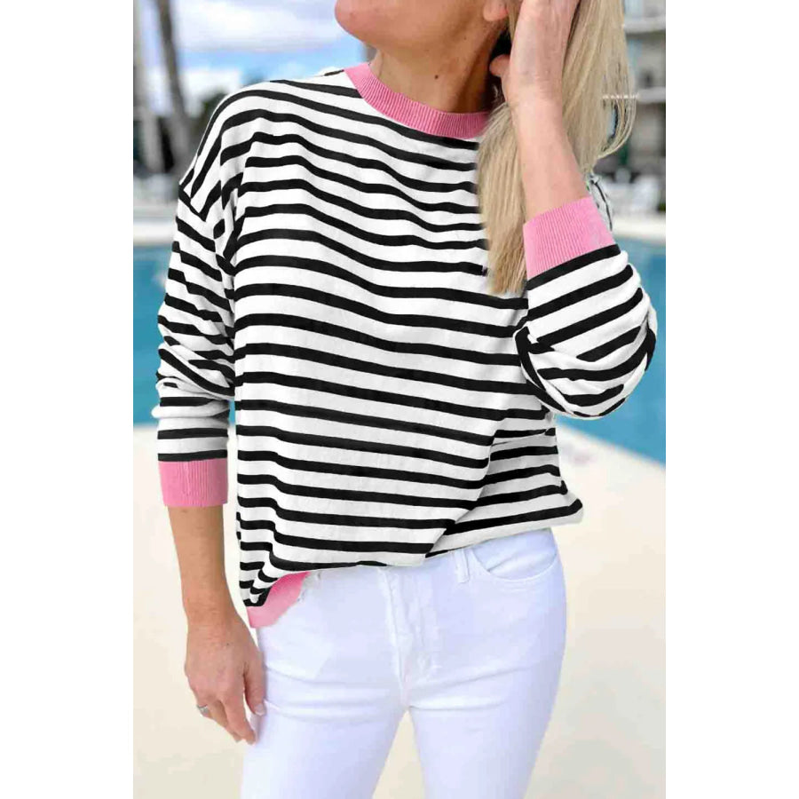 Striped Round Neck Long Sleeve Sweatshirt Black / S Apparel and Accessories