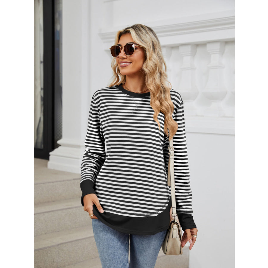 Striped Round Neck Long Sleeve Sweatshirt Black / S Apparel and Accessories