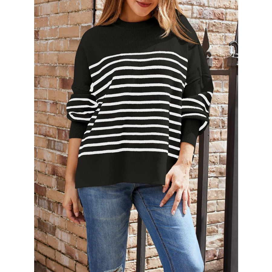 Striped Round Neck Long Sleeve Sweatshirt Black / S Apparel and Accessories