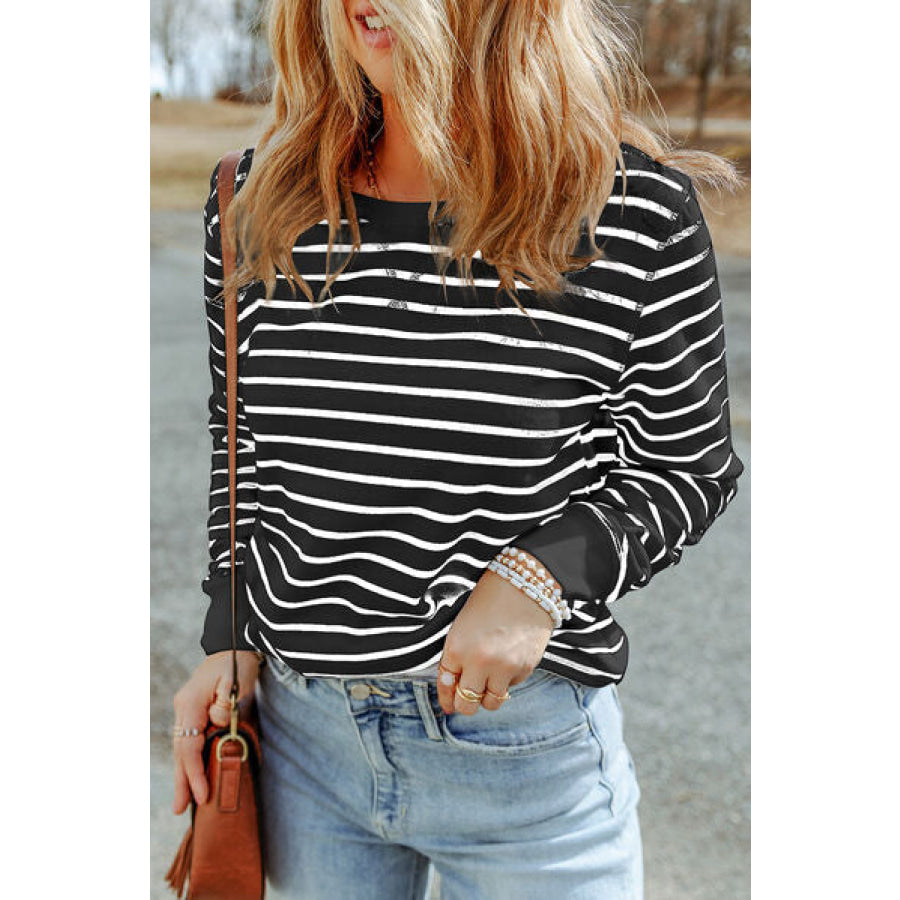 Striped Round Neck Long Sleeve Sweatshirt Black / S Apparel and Accessories