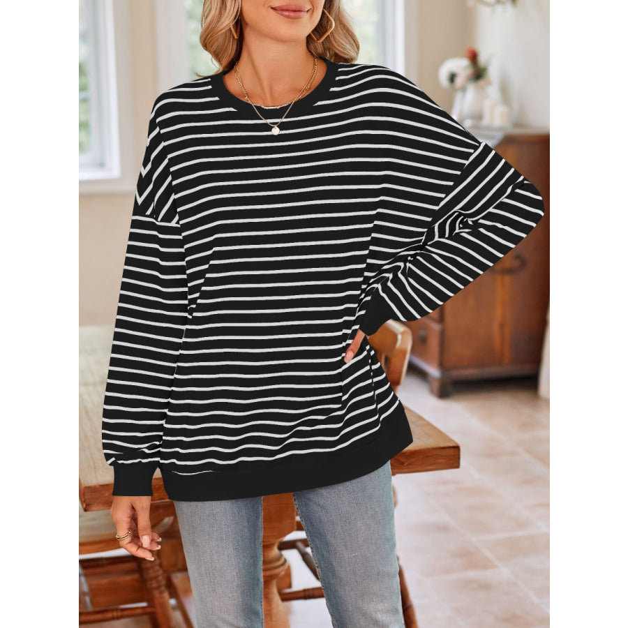 Striped Round Neck Long Sleeve Sweatshirt Black / S Apparel and Accessories