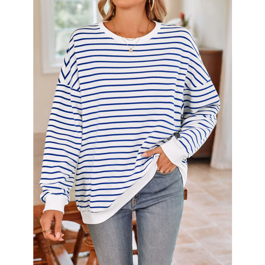 Striped Round Neck Long Sleeve Sweatshirt Blue / S Apparel and Accessories