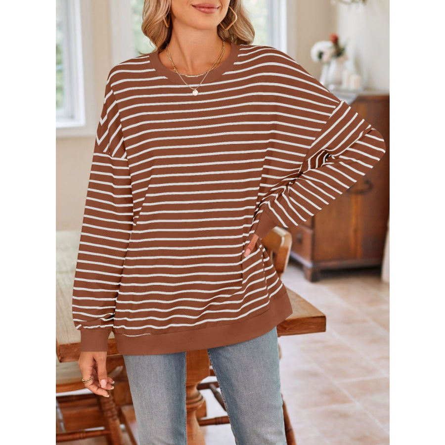 Striped Round Neck Long Sleeve Sweatshirt Brown / S Apparel and Accessories