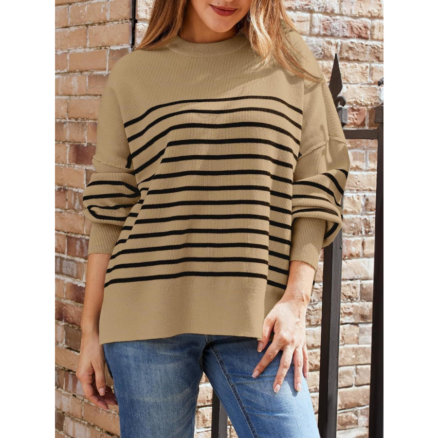 Striped Round Neck Long Sleeve Sweatshirt Camel / S Apparel and Accessories