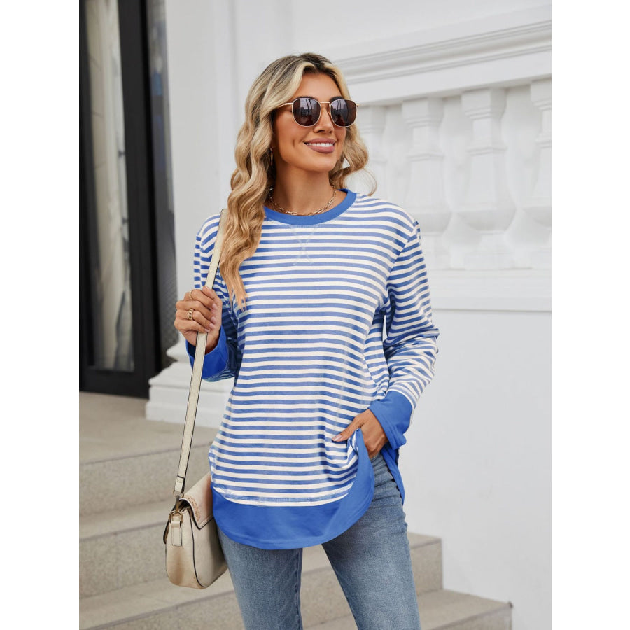 Striped Round Neck Long Sleeve Sweatshirt Cerulean / S Apparel and Accessories