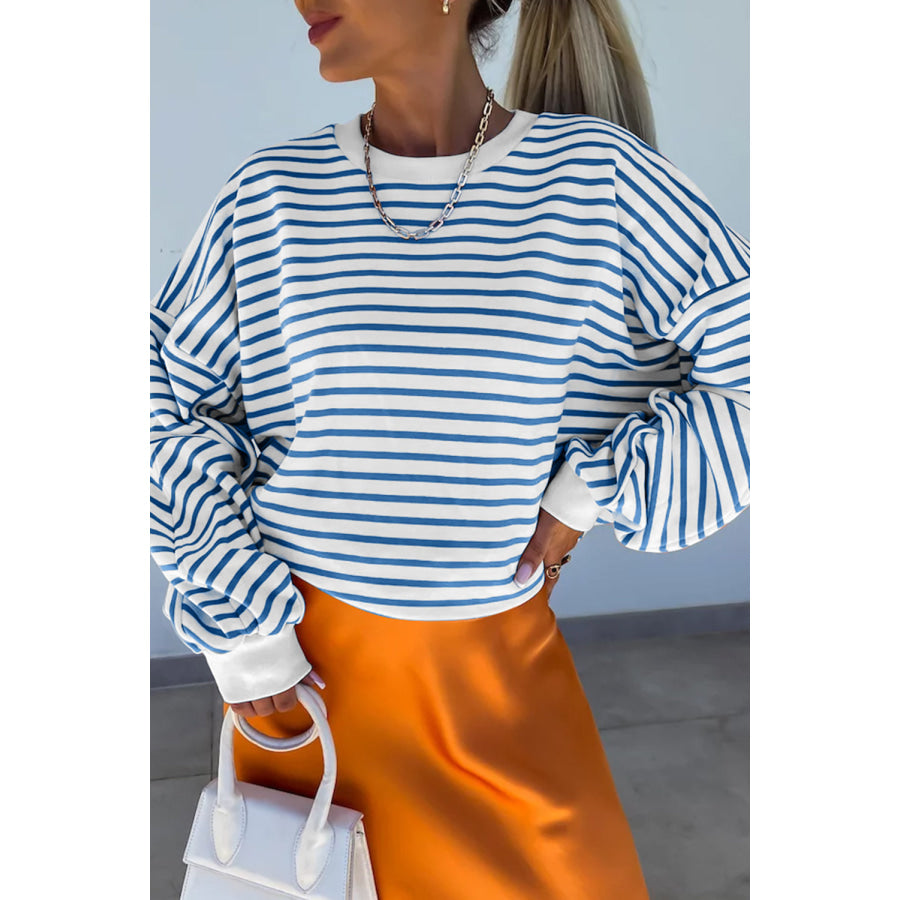 Striped Round Neck Long Sleeve Sweatshirt Cerulean / S Apparel and Accessories