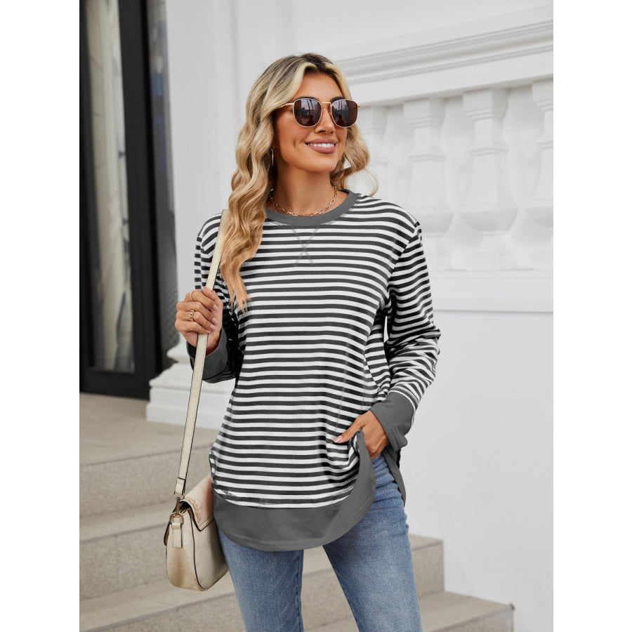 Striped Round Neck Long Sleeve Sweatshirt Dark Gray / S Apparel and Accessories