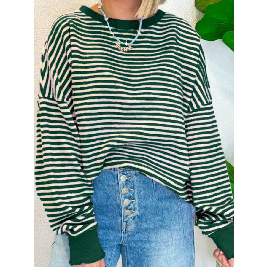 Striped Round Neck Long Sleeve Sweatshirt Dark Green / M Apparel and Accessories