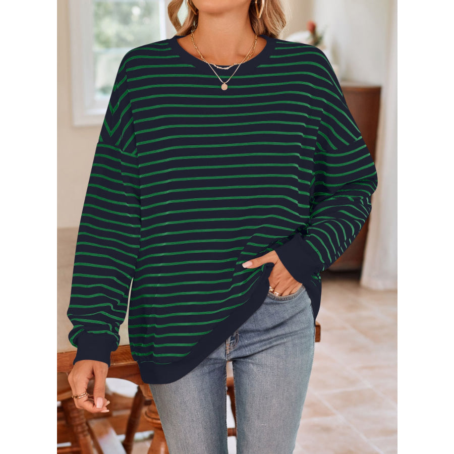 Striped Round Neck Long Sleeve Sweatshirt Dark Green / S Apparel and Accessories