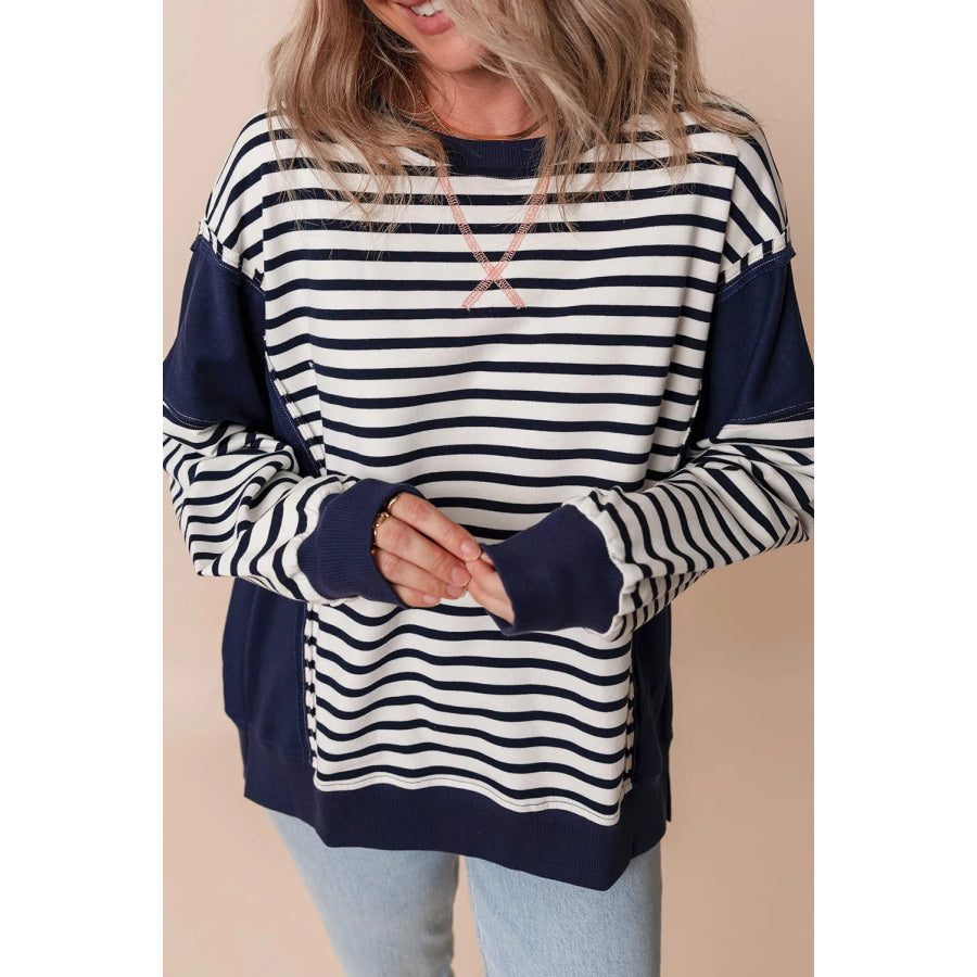 Striped Round Neck Long Sleeve Sweatshirt Dark Navy / S Apparel and Accessories