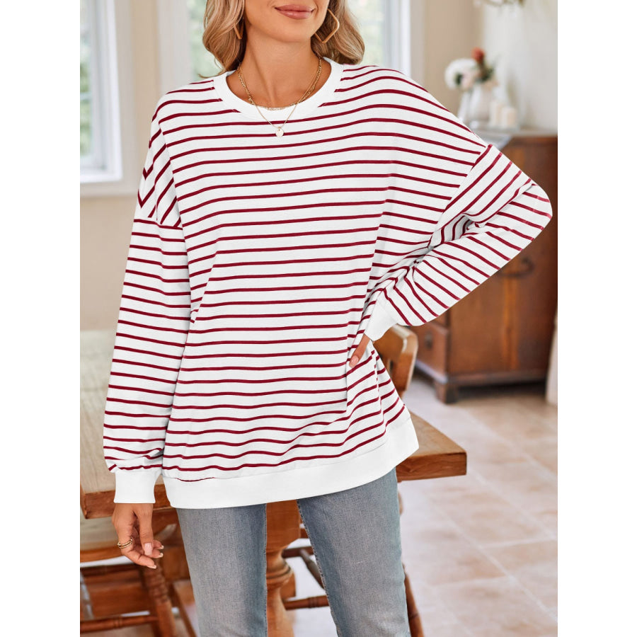 Striped Round Neck Long Sleeve Sweatshirt Deep Red / S Apparel and Accessories