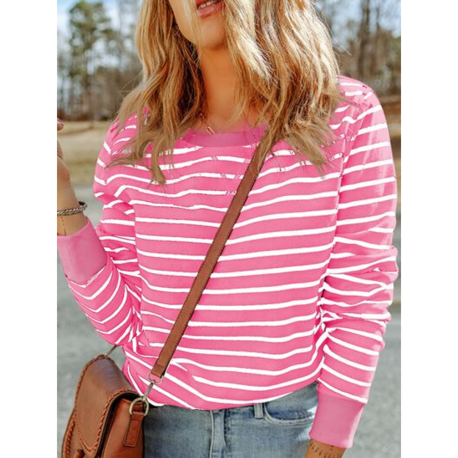 Striped Round Neck Long Sleeve Sweatshirt Fuchsia Pink / S Apparel and Accessories