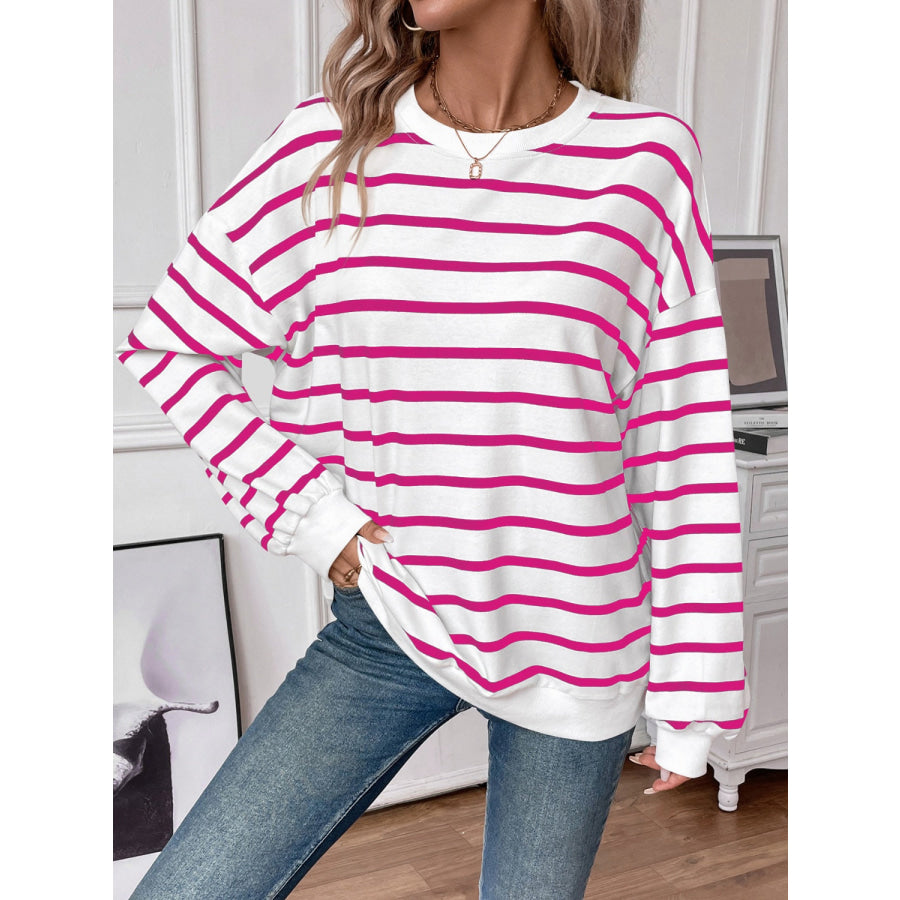 Striped Round Neck Long Sleeve Sweatshirt Hot Pink / S Apparel and Accessories