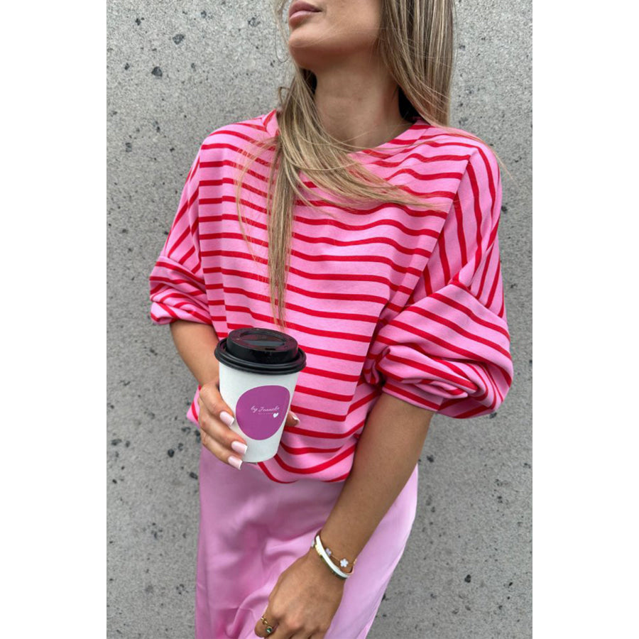 Striped Round Neck Long Sleeve Sweatshirt Hot Pink / S Apparel and Accessories