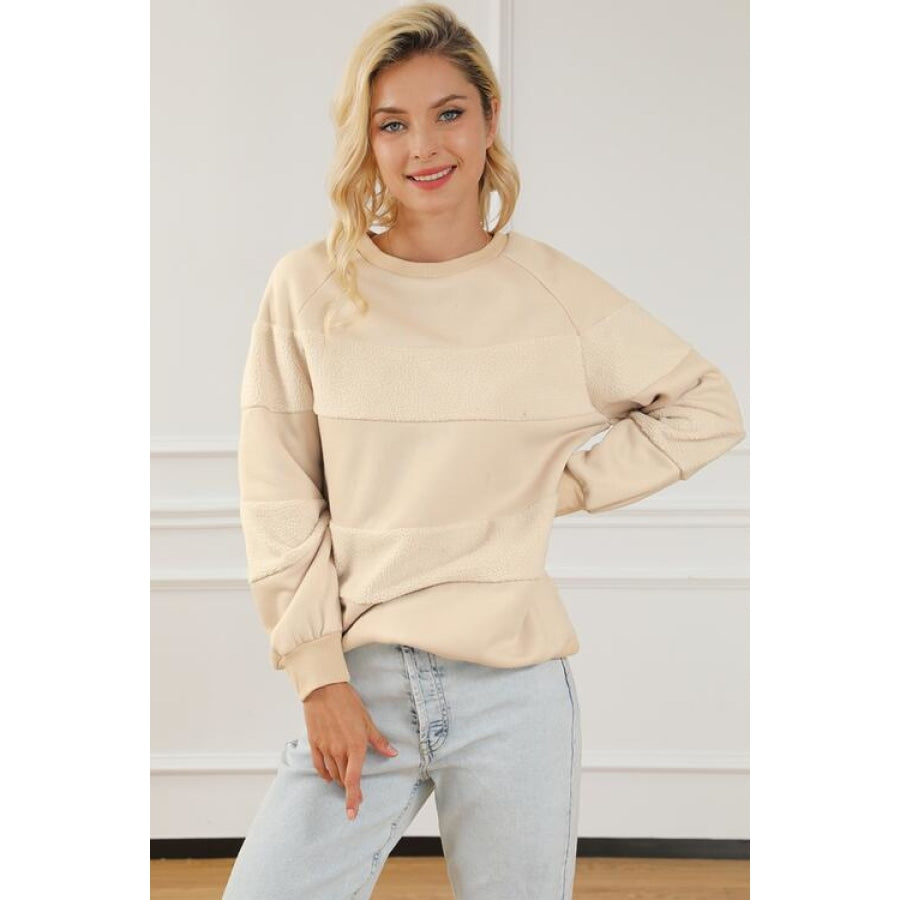 Striped Round Neck Long Sleeve Sweatshirt Ivory / S Clothing