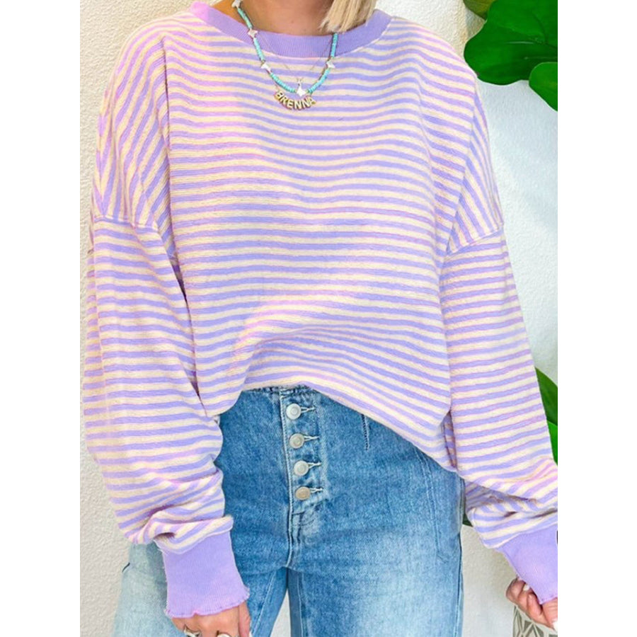 Striped Round Neck Long Sleeve Sweatshirt Lavender / M Apparel and Accessories