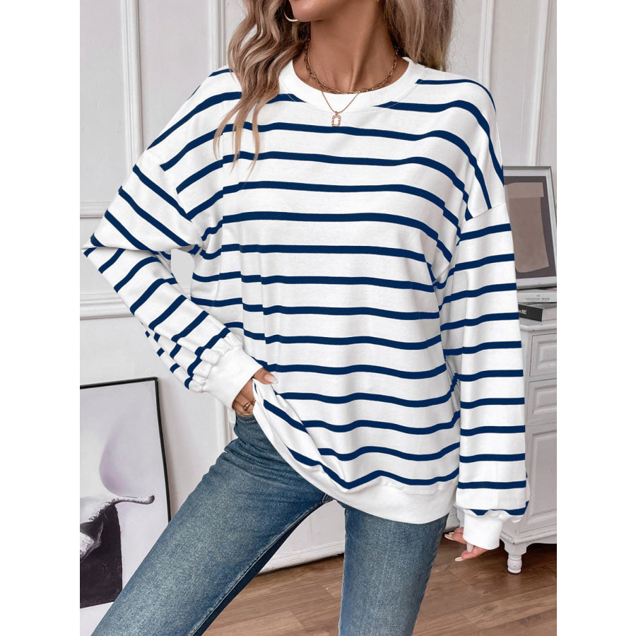 Striped Round Neck Long Sleeve Sweatshirt Navy / S Apparel and Accessories