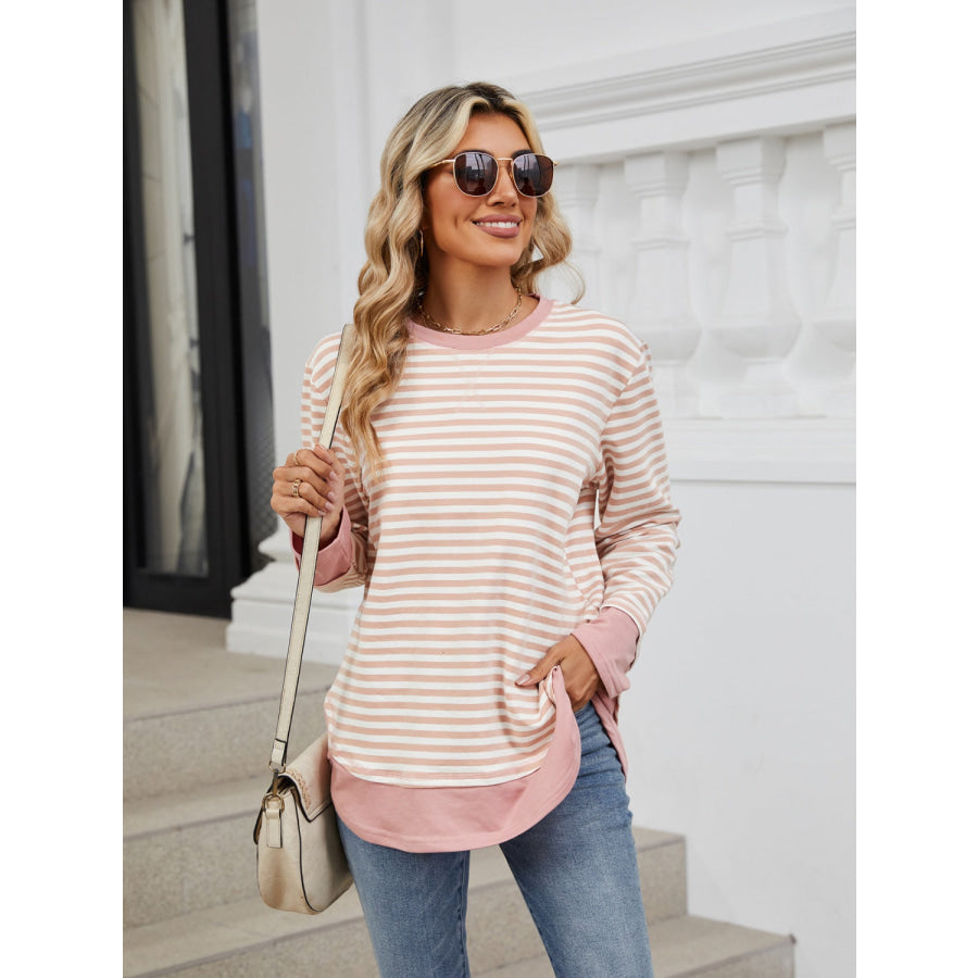 Striped Round Neck Long Sleeve Sweatshirt Pale Blush / S Apparel and Accessories