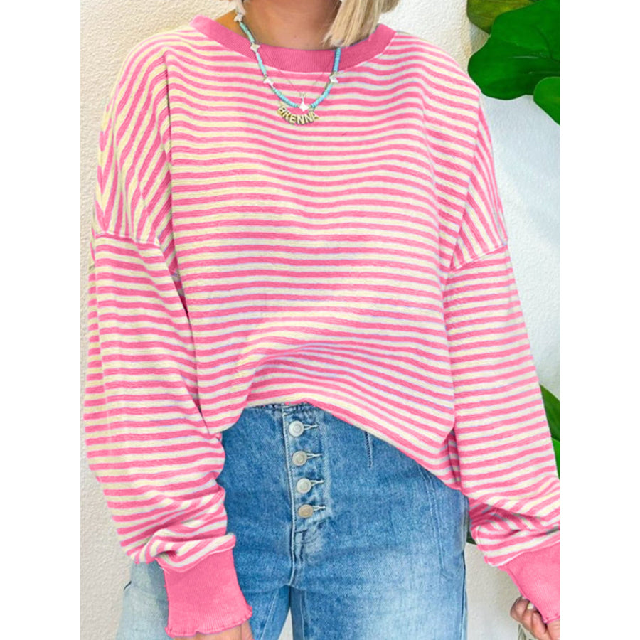 Striped Round Neck Long Sleeve Sweatshirt Pink / M Apparel and Accessories