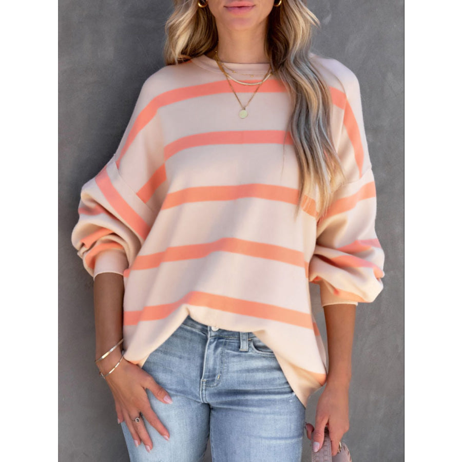 Striped Round Neck Long Sleeve Sweatshirt Sherbet / M Apparel and Accessories