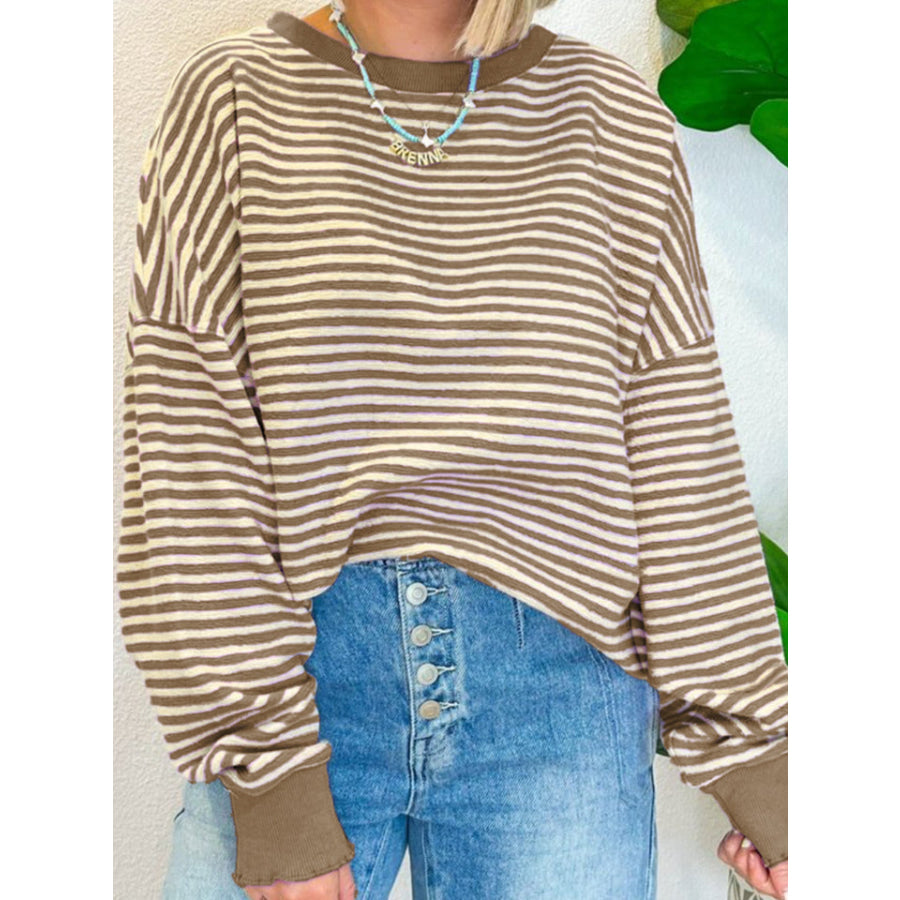 Striped Round Neck Long Sleeve Sweatshirt Taupe / M Apparel and Accessories