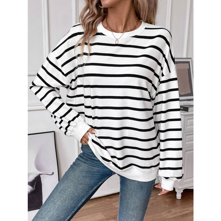 Striped Round Neck Long Sleeve Sweatshirt White / S Apparel and Accessories