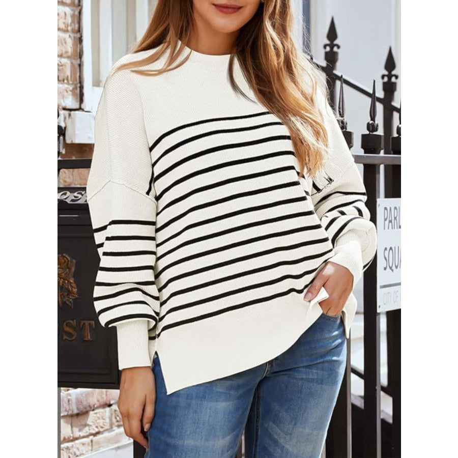 Striped Round Neck Long Sleeve Sweatshirt White / S Apparel and Accessories