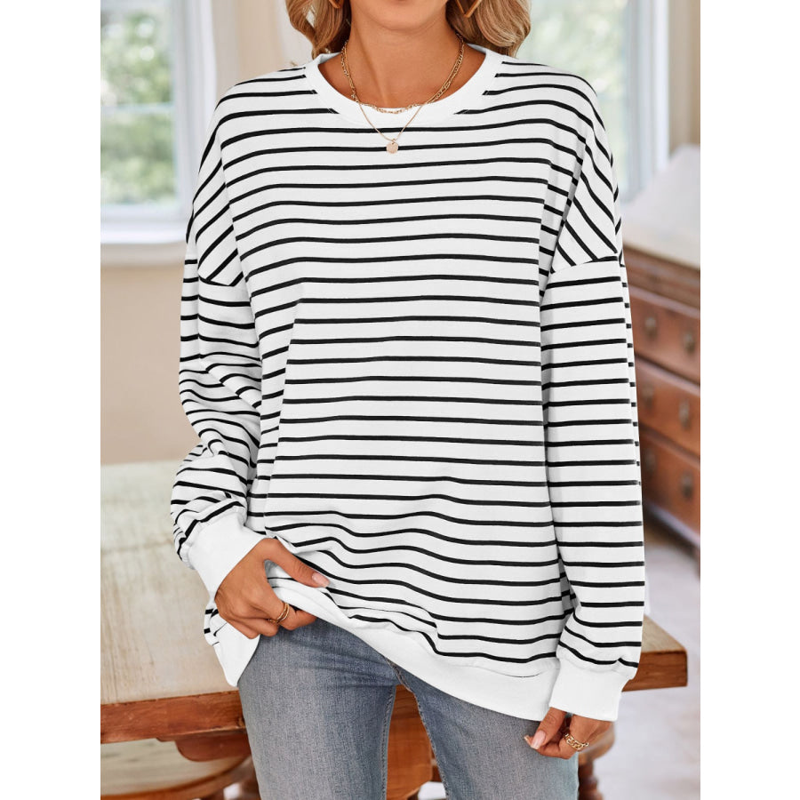 Striped Round Neck Long Sleeve Sweatshirt White / S Apparel and Accessories