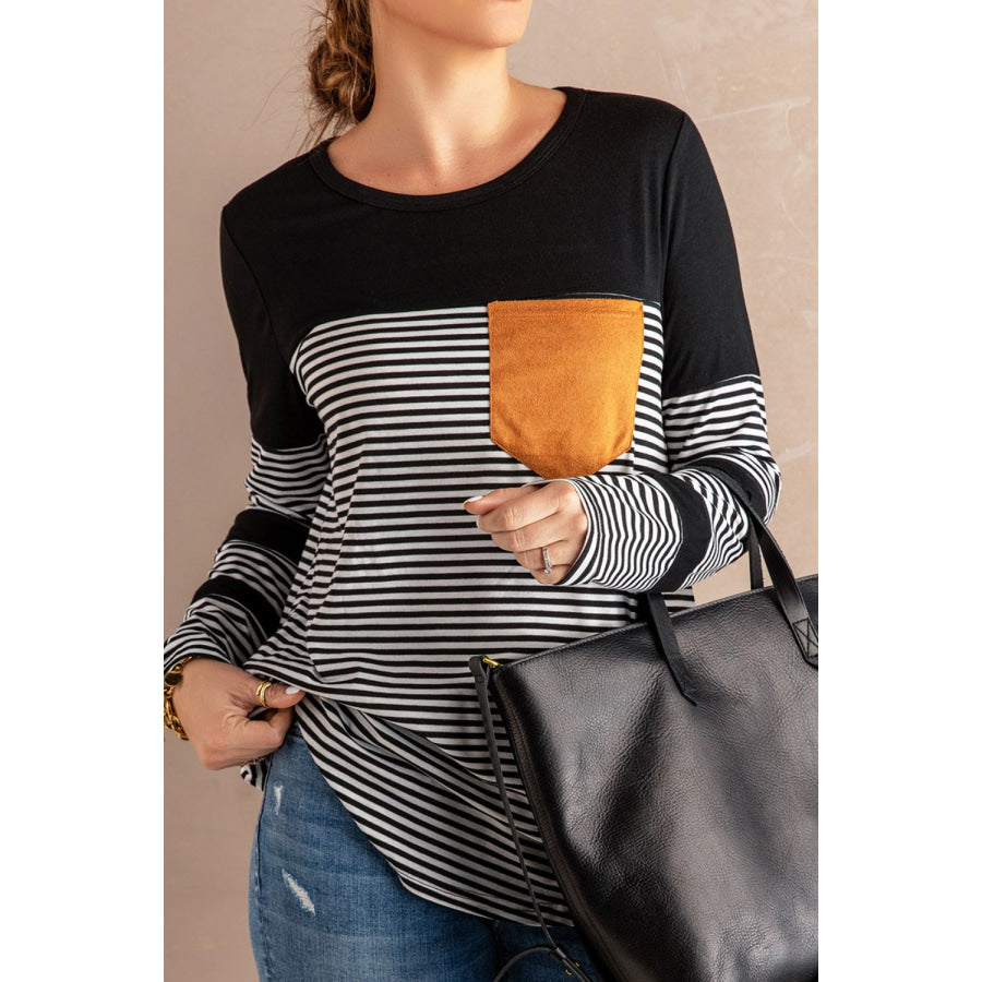 Striped Round Neck Long Sleeve T-Shirt Black / S Apparel and Accessories