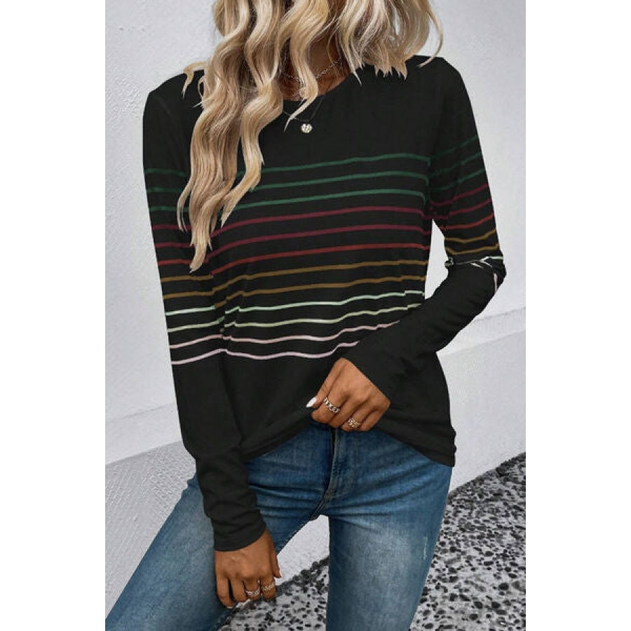 Striped Round Neck Long Sleeve T-Shirt Apparel and Accessories