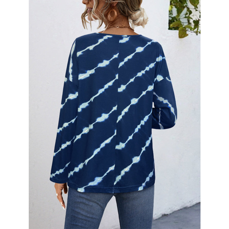 Striped Round Neck Long Sleeve T-Shirt Peacock Blue / S Apparel and Accessories