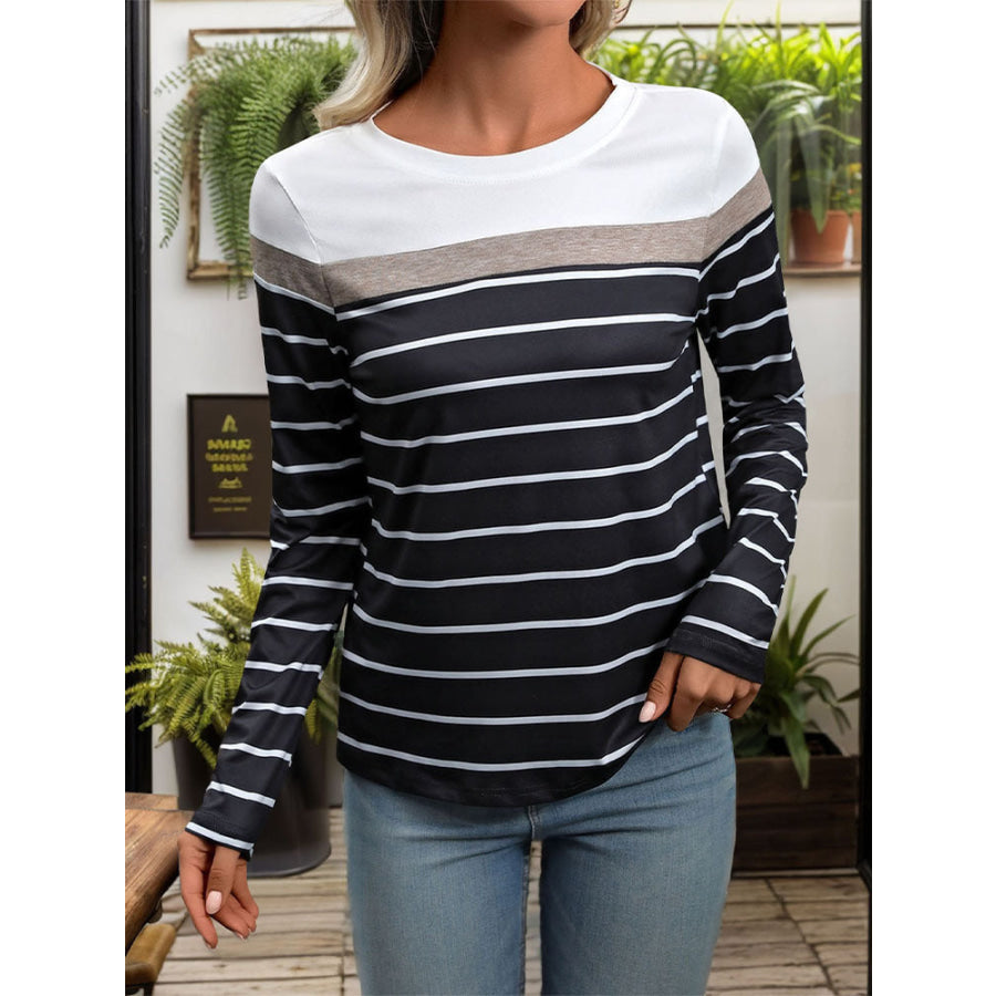 Striped Round Neck Long Sleeve T-Shirt Black / M Apparel and Accessories