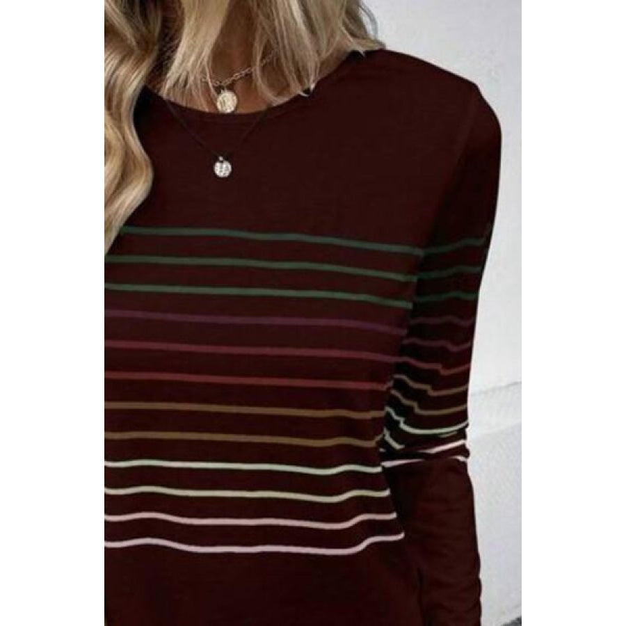 Striped Round Neck Long Sleeve T-Shirt Apparel and Accessories