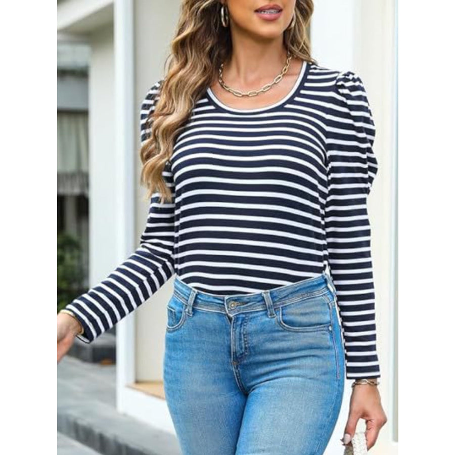 Striped Round Neck Long Sleeve T-Shirt Apparel and Accessories