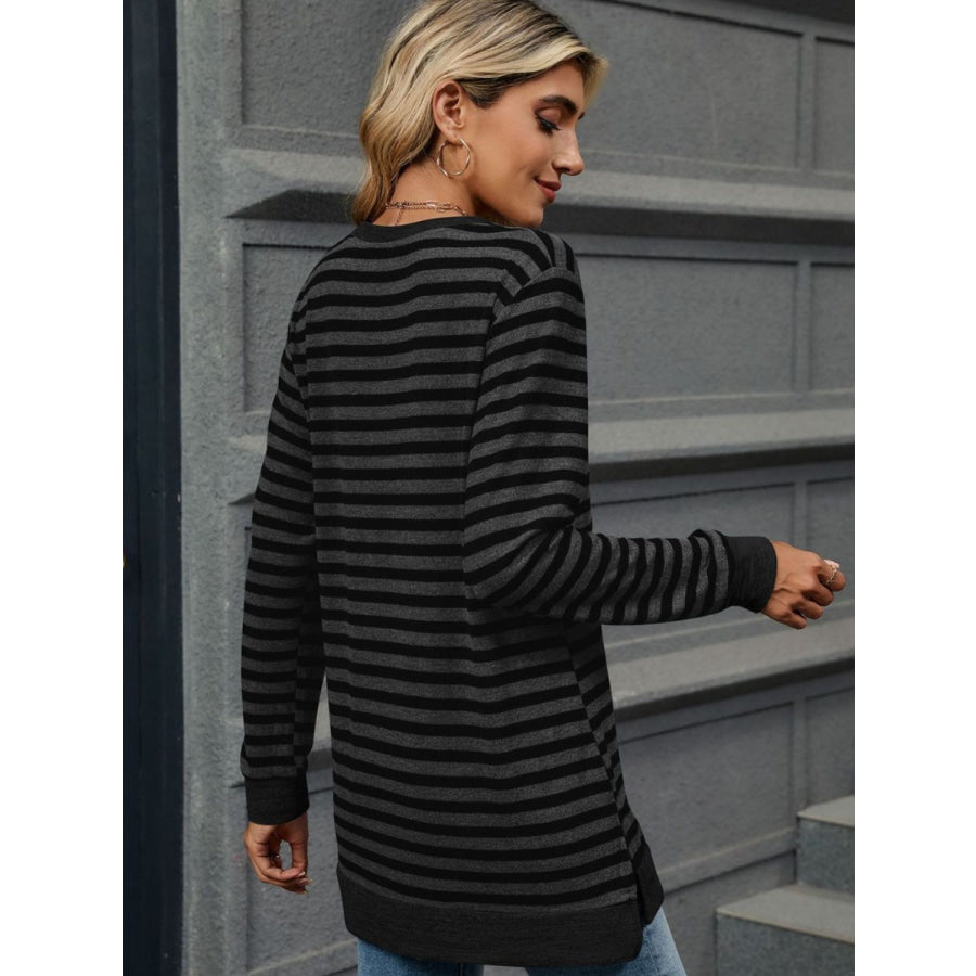 Striped Round Neck Long Sleeve T-Shirt Black / S Apparel and Accessories