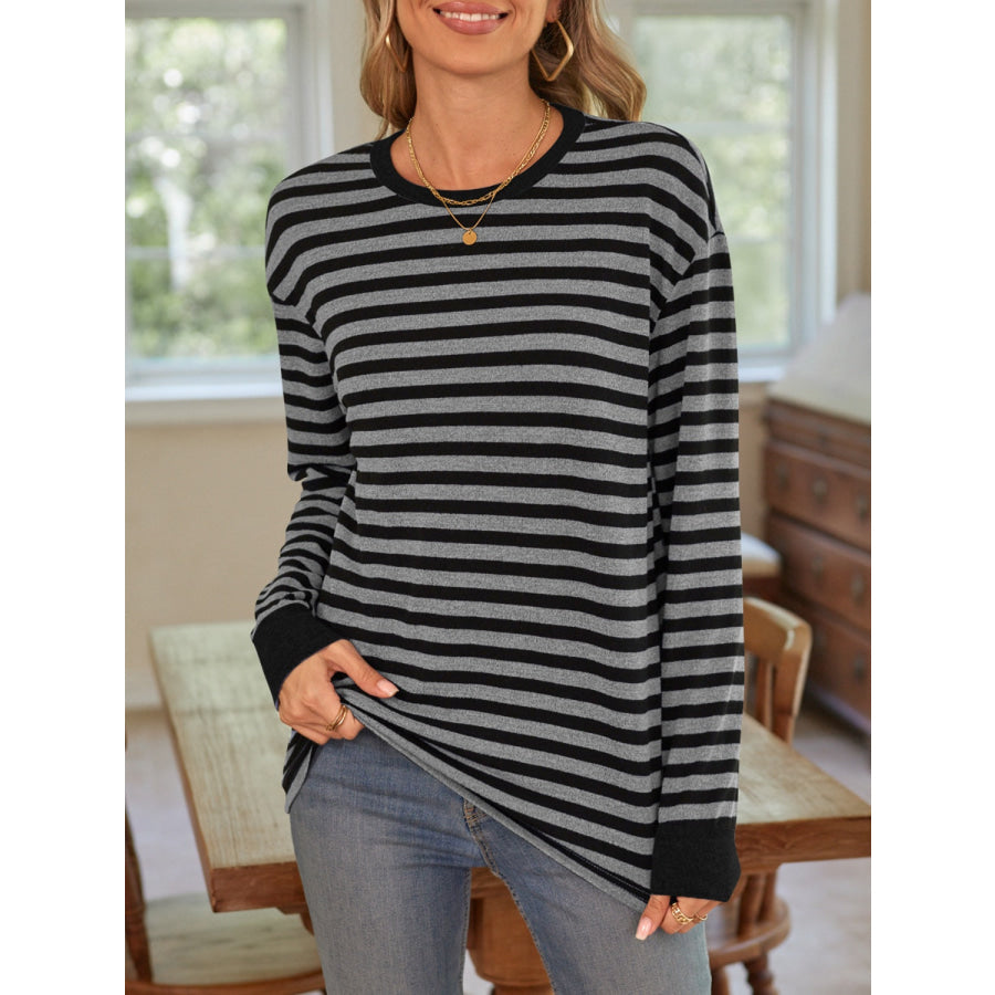 Striped Round Neck Long Sleeve T-Shirt Apparel and Accessories