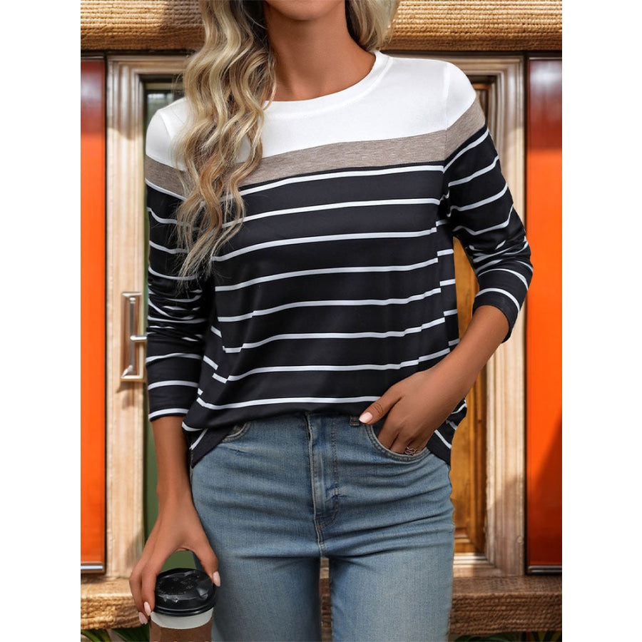 Striped Round Neck Long Sleeve T-Shirt Apparel and Accessories