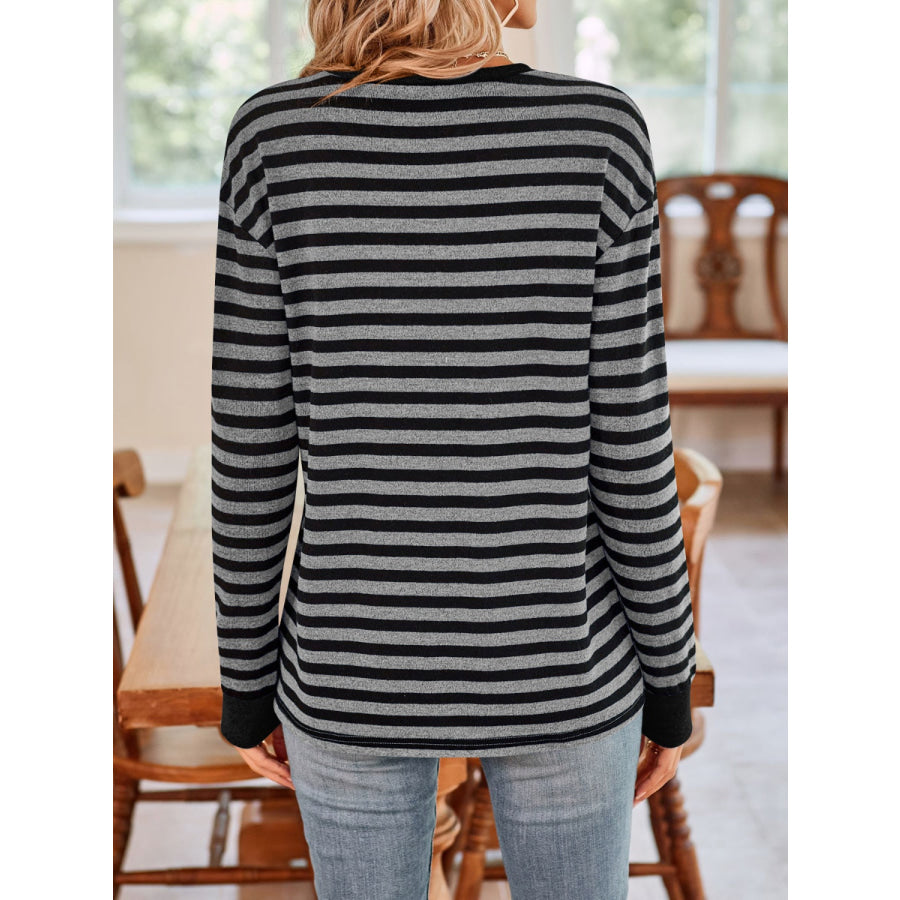 Striped Round Neck Long Sleeve T-Shirt Apparel and Accessories