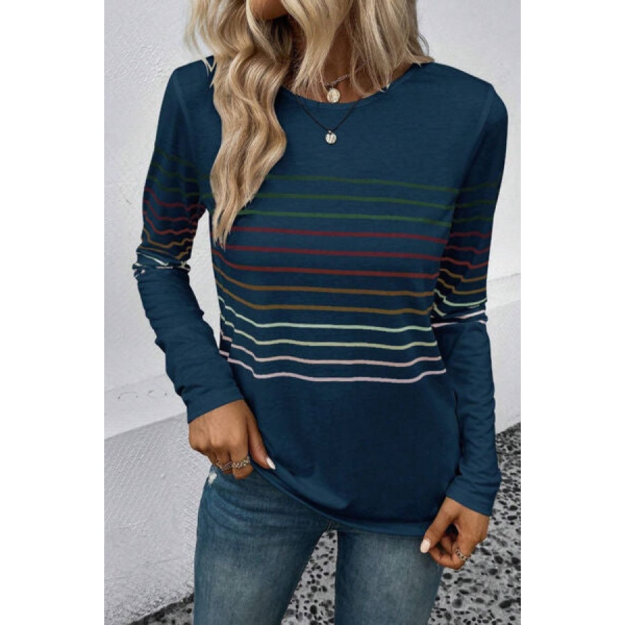 Striped Round Neck Long Sleeve T-Shirt Apparel and Accessories