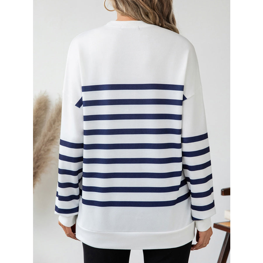 Striped Round Neck Long Sleeve T-Shirt White / S Apparel and Accessories