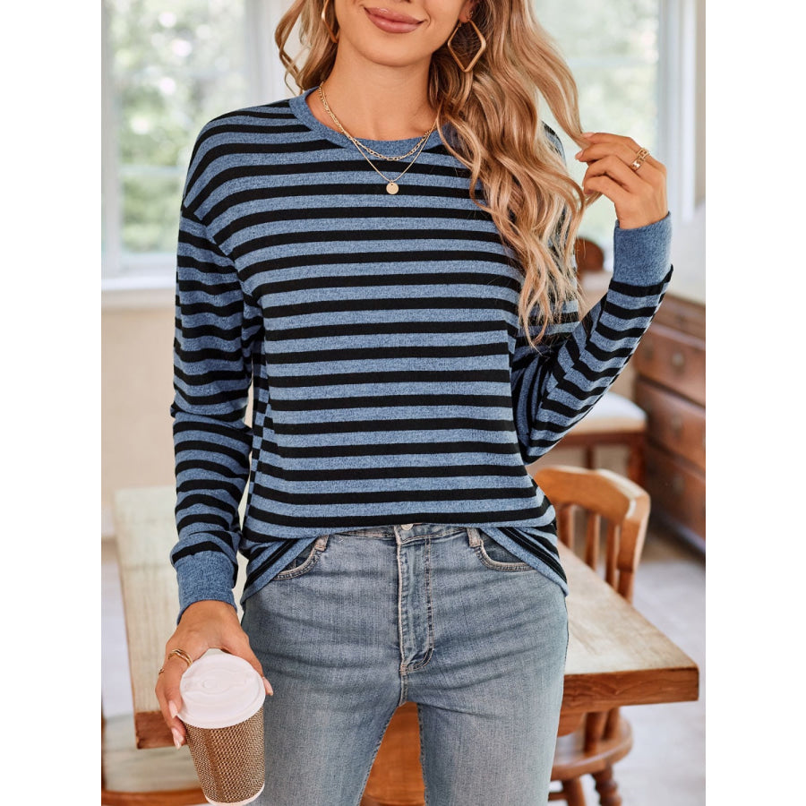 Striped Round Neck Long Sleeve T-Shirt Apparel and Accessories