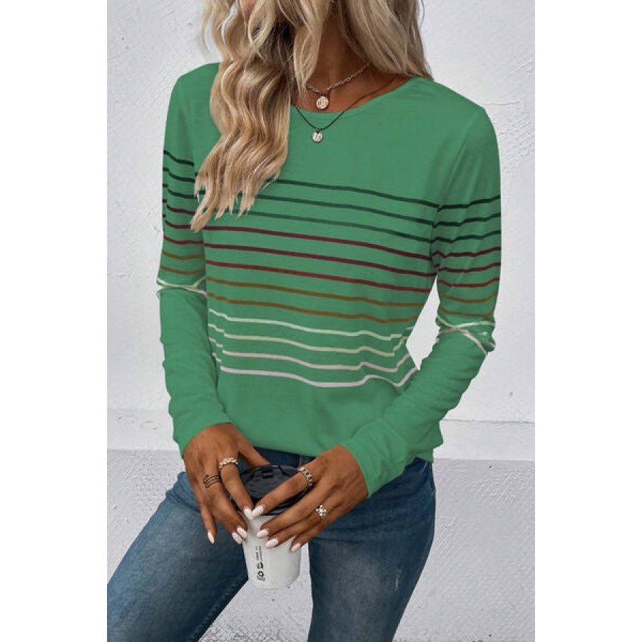 Striped Round Neck Long Sleeve T-Shirt Apparel and Accessories