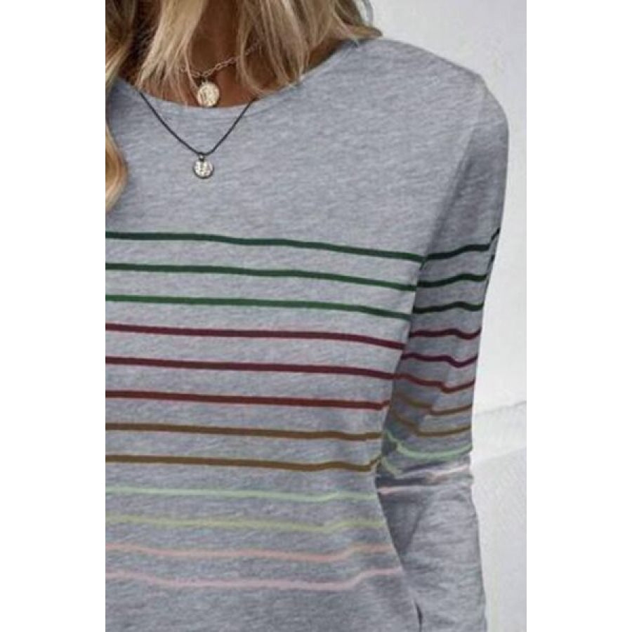 Striped Round Neck Long Sleeve T-Shirt Apparel and Accessories