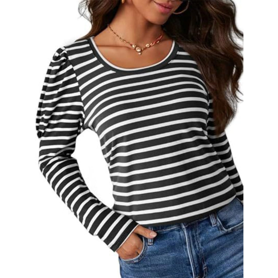 Striped Round Neck Long Sleeve T-Shirt Apparel and Accessories